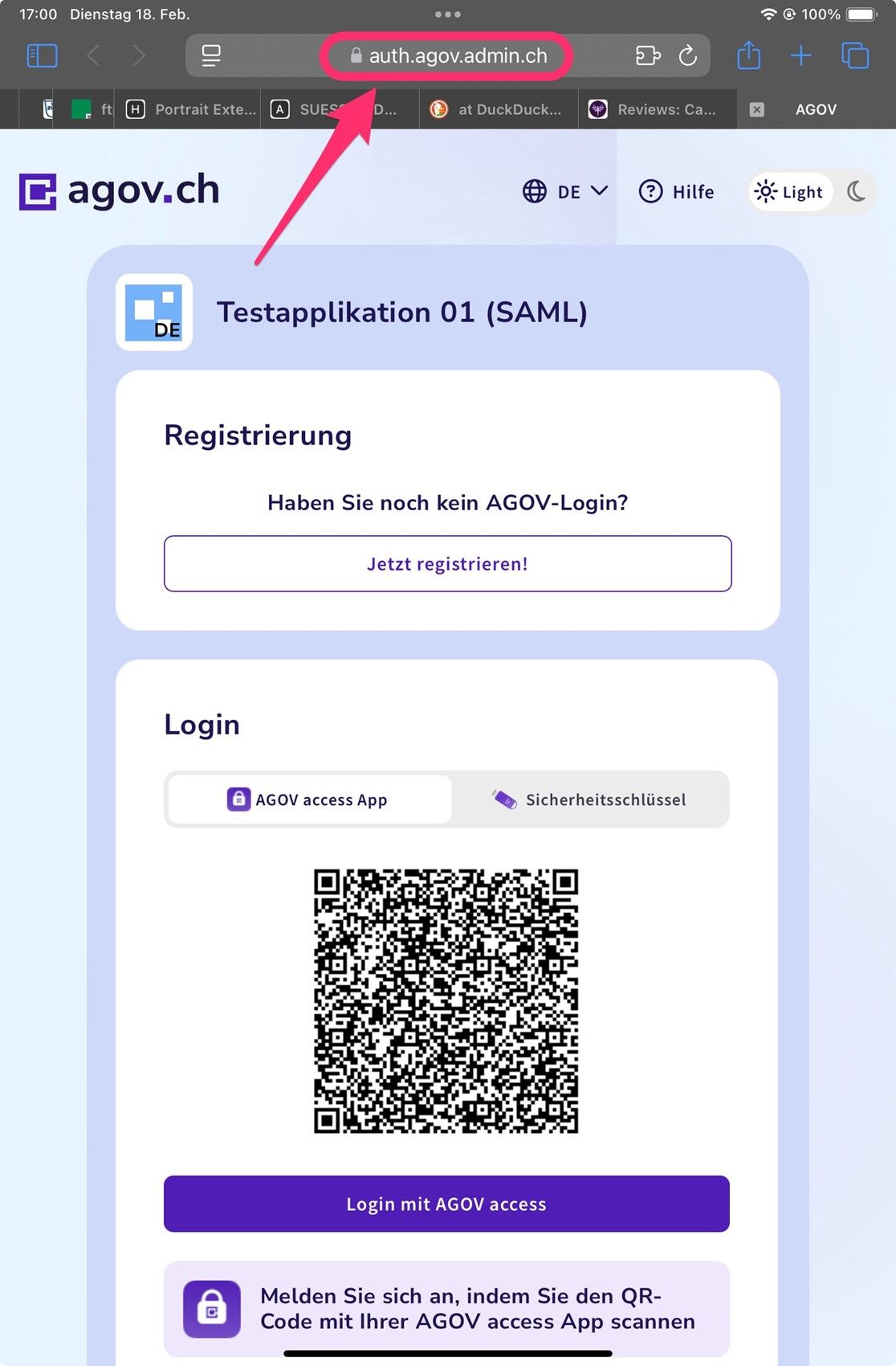 Anmeldefenster AGOV mittels Browser auf iOS iPad. Eingestellt auf Login via AGOV Access App. Hinweis auf die Domäne oben mittig.  