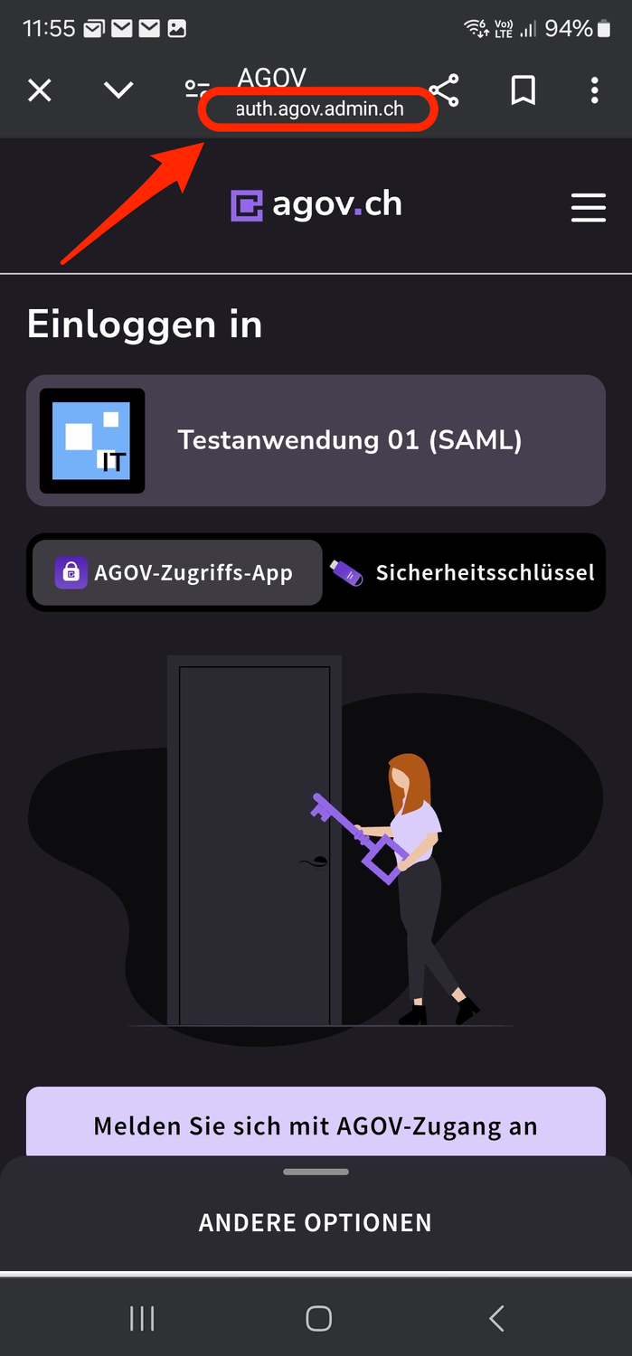 Anmeldefenster AGOV mittels Browser auf Android. Eingestellt auf Login via AGOV-Zugriffs-App. Hinweis auf die Domäne oben mittig.  