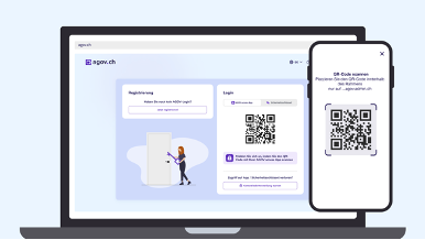 Anmeldefenster AGOV auf Laptop. QR-Code wird mit Smartphone gescannt.
