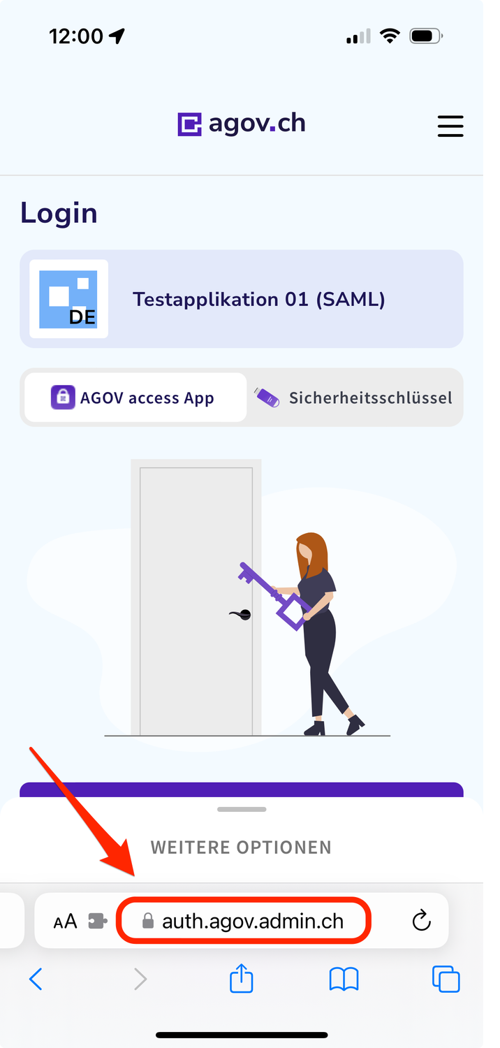 Anmeldefenster AGOV mittels Browser auf iOS iPhone. Eingestellt auf Login via AGOV Access App. Hinweis auf die Domäne unten mittig.  