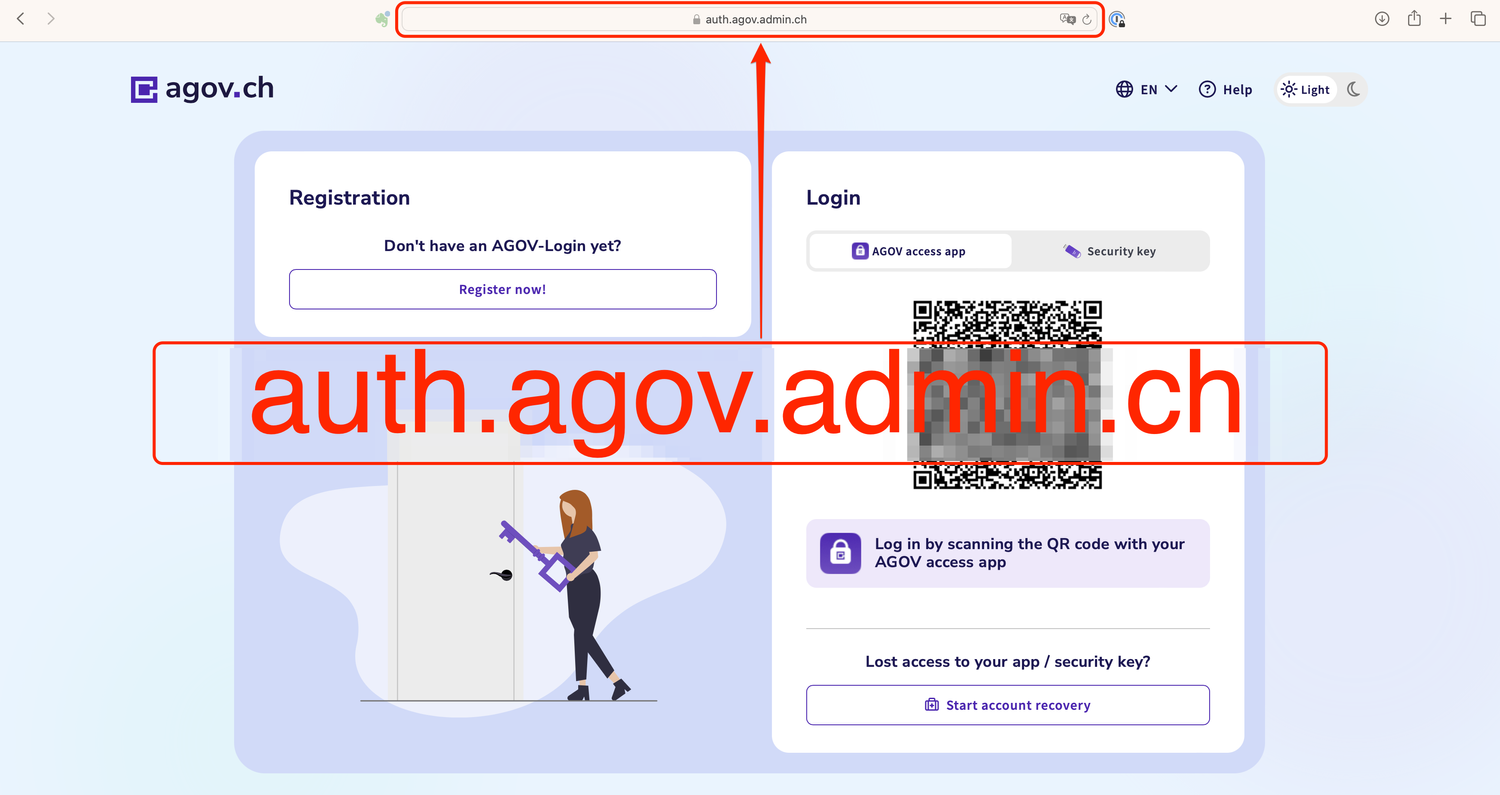 AGOV login window using Safari browser on Mac. Left for registration. Right for login with QR code. Reference to the domain at the top center.