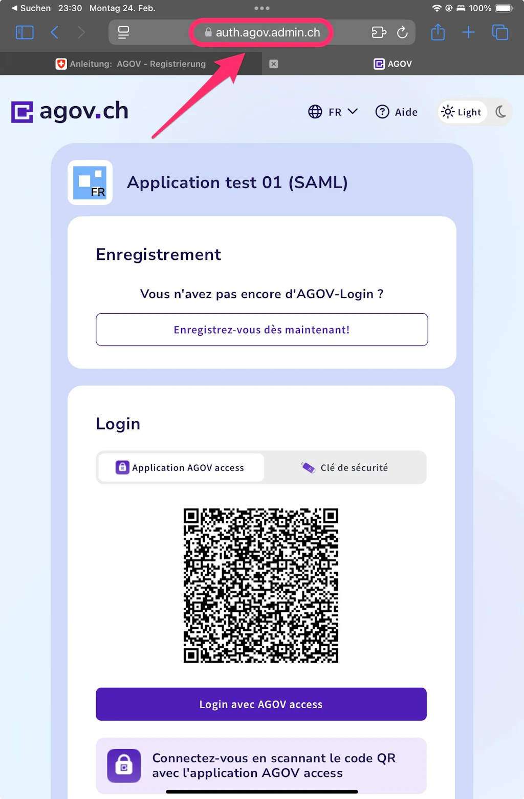 Fenêtre d'inscription AGOV via navigateur sur iOS iPad. Réglé sur connexion via l'application AGOV Access. Indication du domaine en haut au milieu.