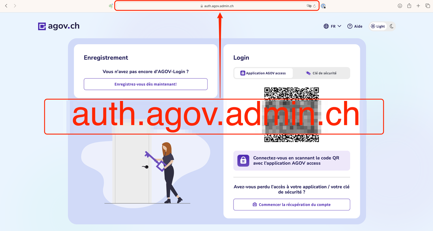 Fenêtre d'inscription AGOV au moyen du navigateur Safari sur Mac. À gauche pour l'enregistrement. À droite pour la connexion avec le code QR. Indication du domaine en haut au centre.  