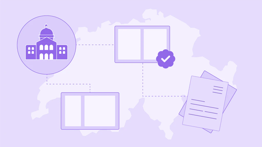 Image pour le blog représentant les autorités : carte de la Suisse avec le Palais fédéral et une série de documents des autorités.
