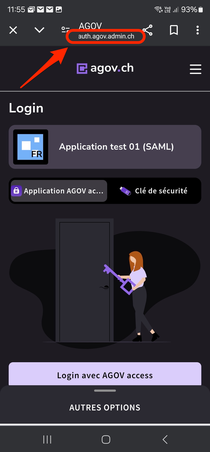Fenêtre de connexion AGOV par navigateur sur iOS. Paramétré pour la connexion via l'application AGOV Access. Indication du domaine en bas au centre.  