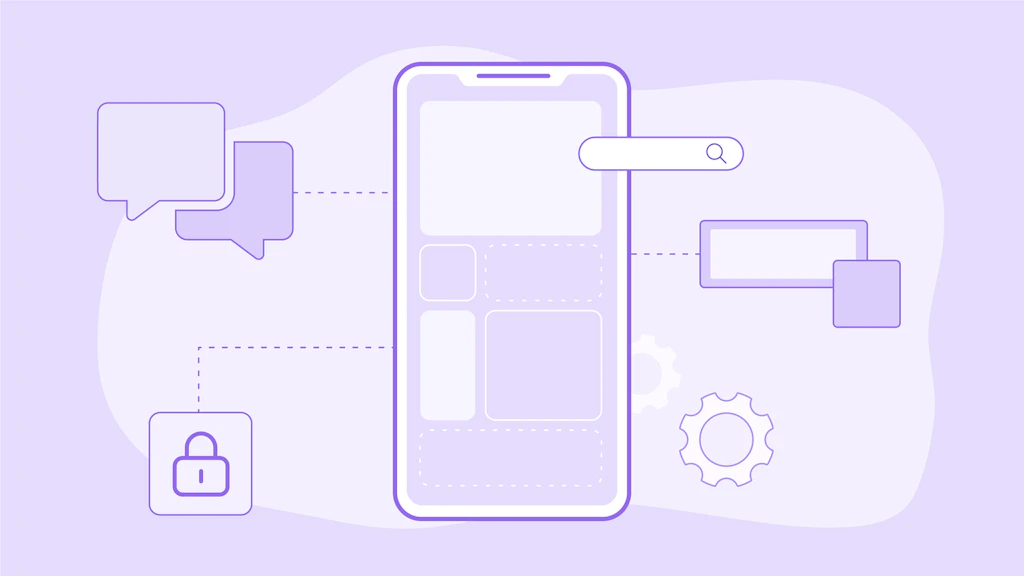 Image pour le blog représentant des éléments divers : illustration d’un smartphone, bulles de discussion, roue de processus.