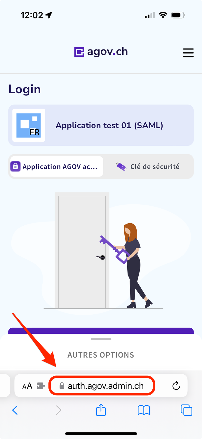 Fenêtre de connexion AGOV par navigateur sur iOS iPhone. Paramétré pour la connexion via l'application AGOV Access. Indication du domaine en bas au centre.  