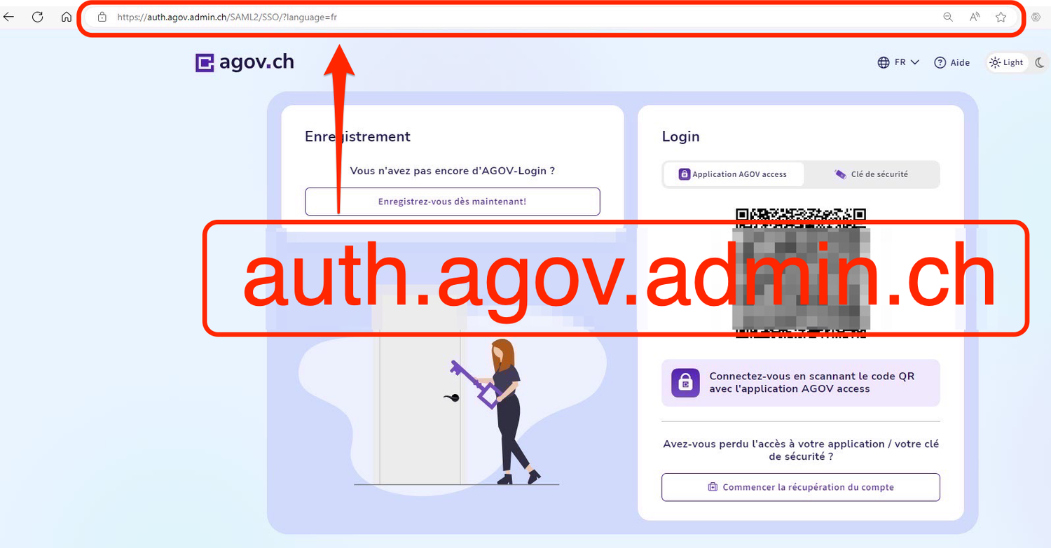 Fenêtre d'inscription AGOV au moyen du navigateur Edge sur Windows. À gauche pour l'enregistrement. À droite pour la connexion avec le code QR. Indication du domaine en haut à gauche.