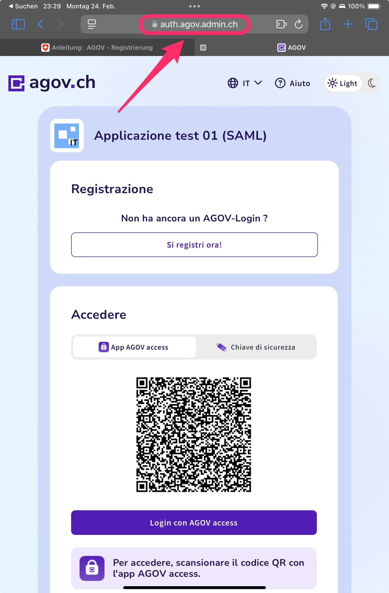 Finestra di accesso AGOV tramite browser su iOS iPad. Impostato su Login tramite AGOV Access App. Indicazione del dominio in alto al centro.