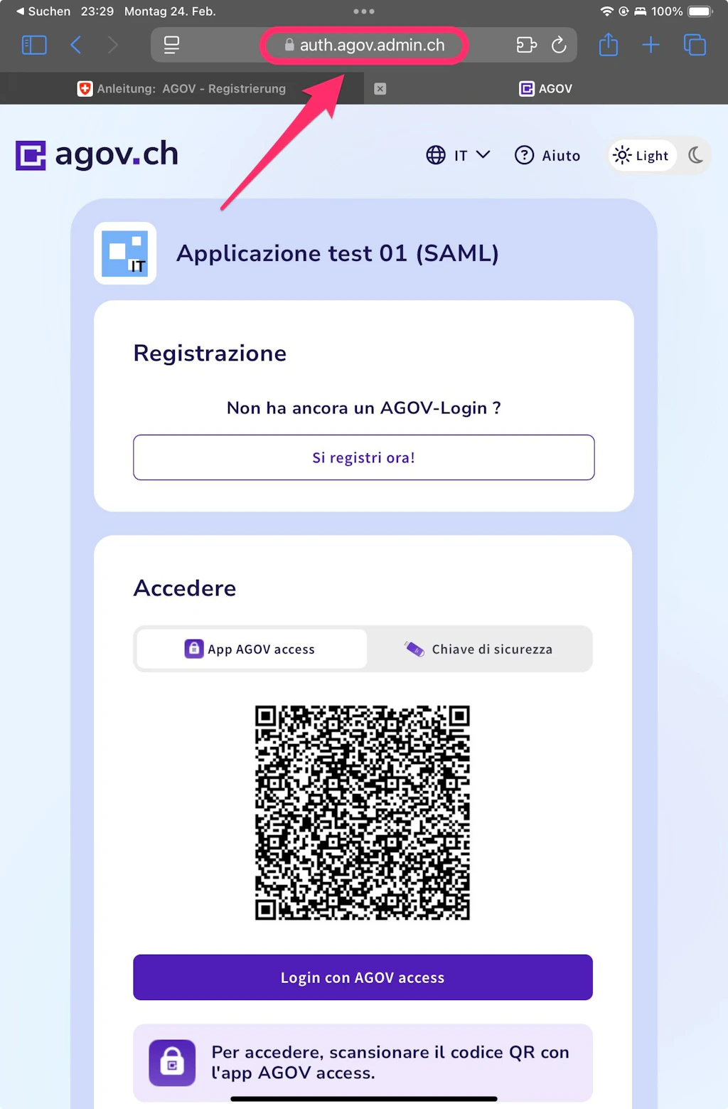 Finestra di accesso AGOV tramite browser su iOS iPad. Impostato su Login tramite AGOV Access App. Indicazione del dominio in alto al centro.