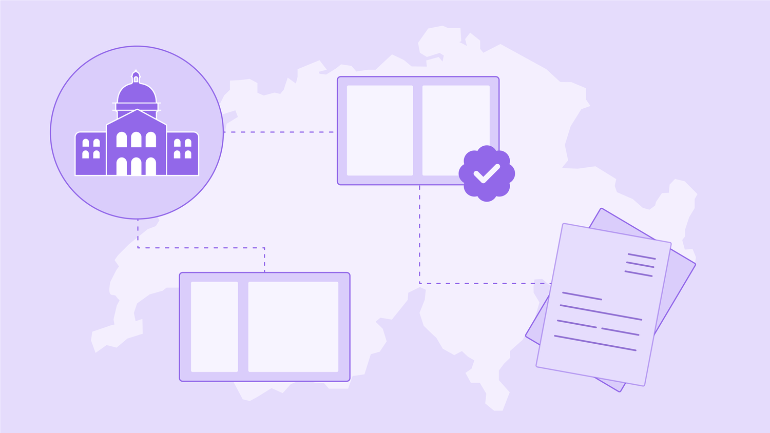 Simbolo del blog per le autorità: cartina della Svizzera con il Palazzo federale e i documenti delle autorità.