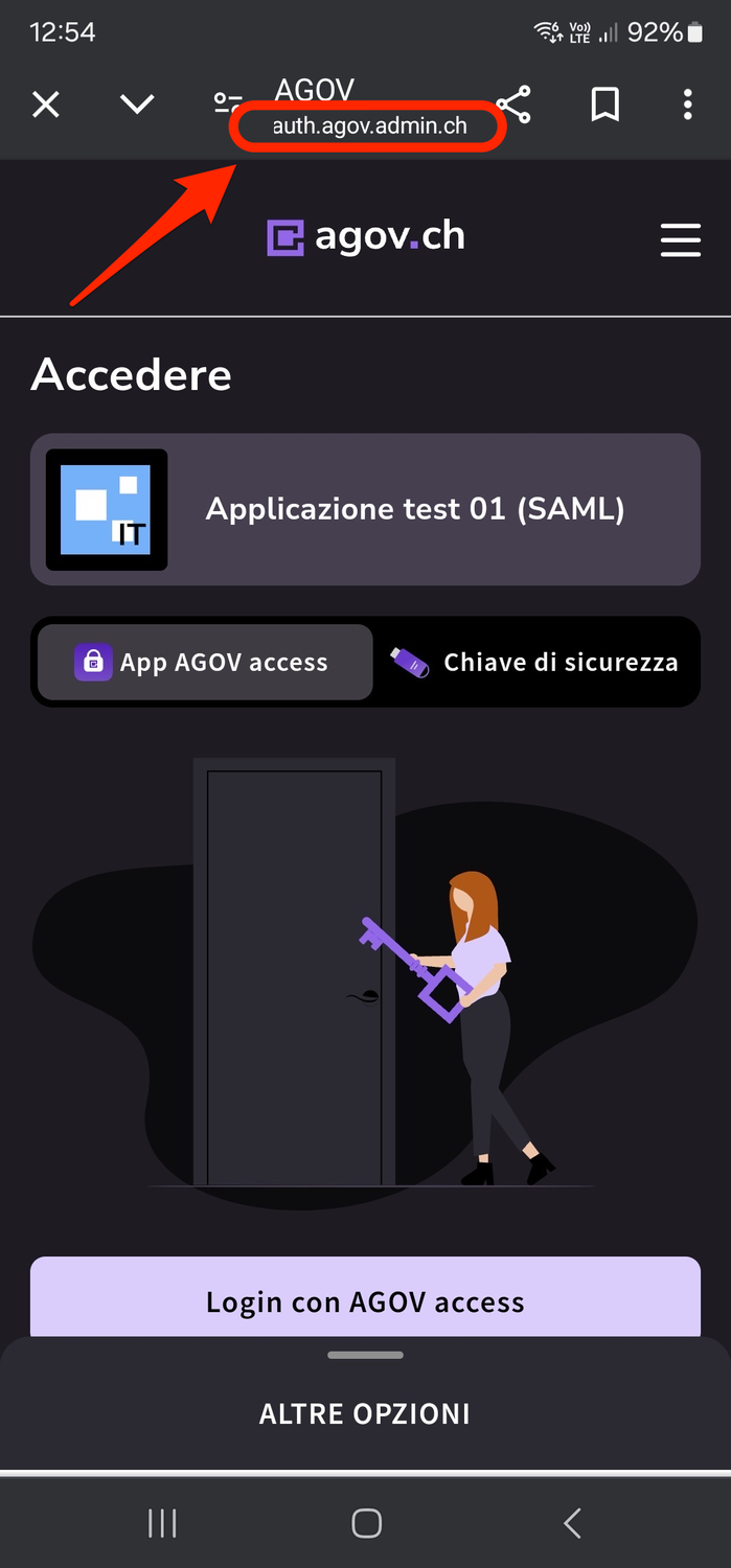 Finestra di login AGOV tramite browser su iOS. Impostazione del login tramite l'app AGOV Access. Riferimento al dominio in basso al centro.  