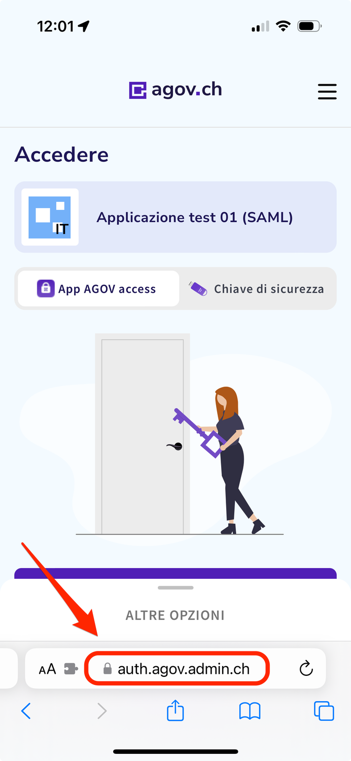 Finestra di login AGOV tramite browser su iOS iPhone. Impostazione del login tramite l'app AGOV Access. Riferimento al dominio in basso al centro.  