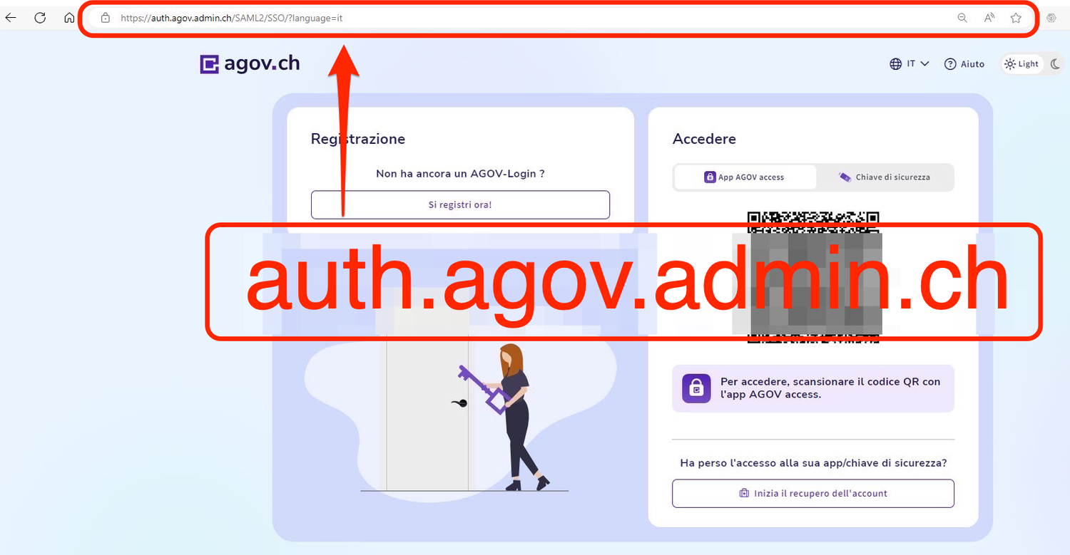 Finestra di login di AGOV utilizzando il browser Edge su Windows. A sinistra per la registrazione. A destra per il login con codice QR. Riferimento al dominio in alto a sinistra.
