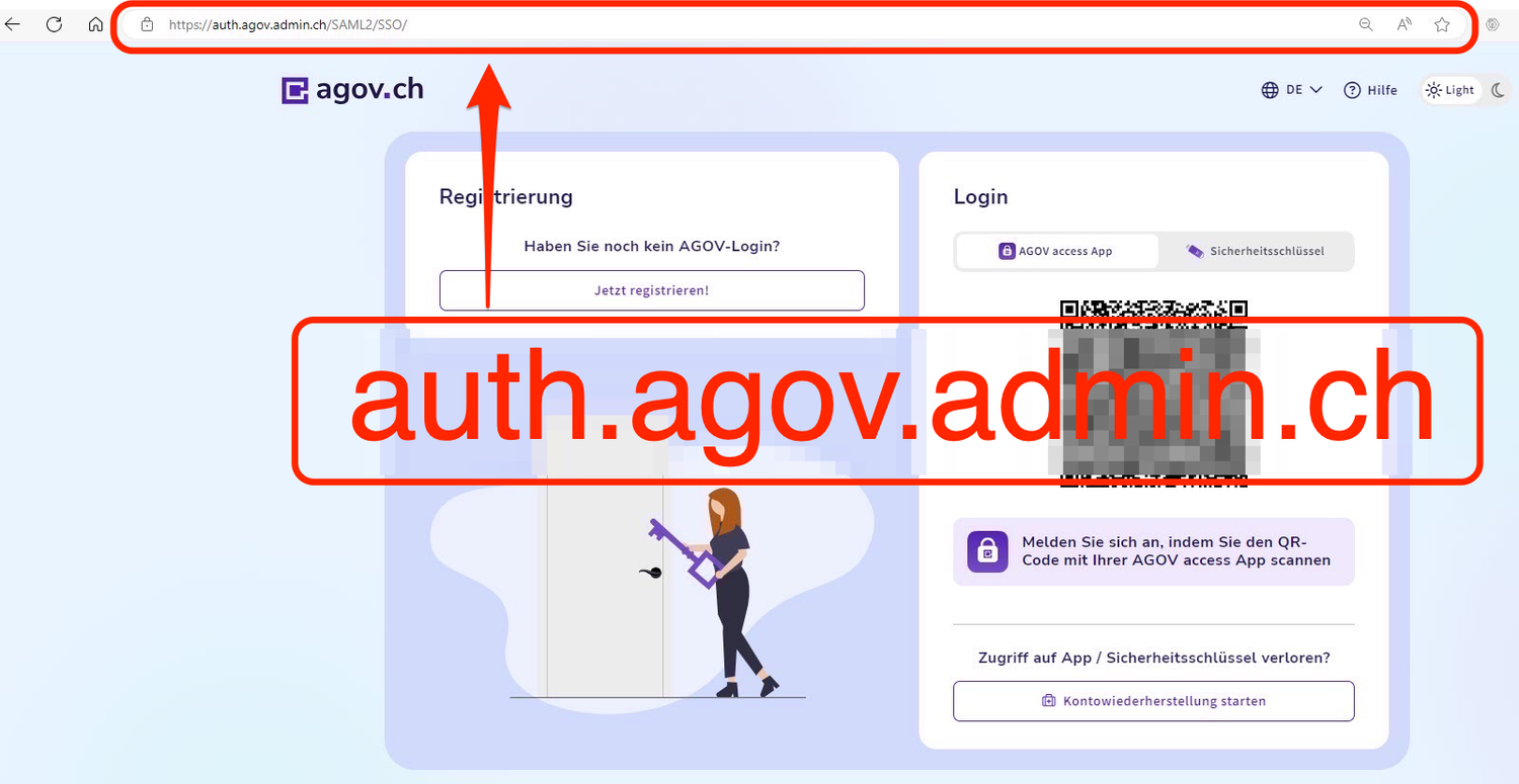 Fanestra per s'annunziar sin AGOV cun il browser Edge sin Windows. Links per la registraziun. A dretga per il login via code QR. Infurmaziun davart la domena survart a sanestra.